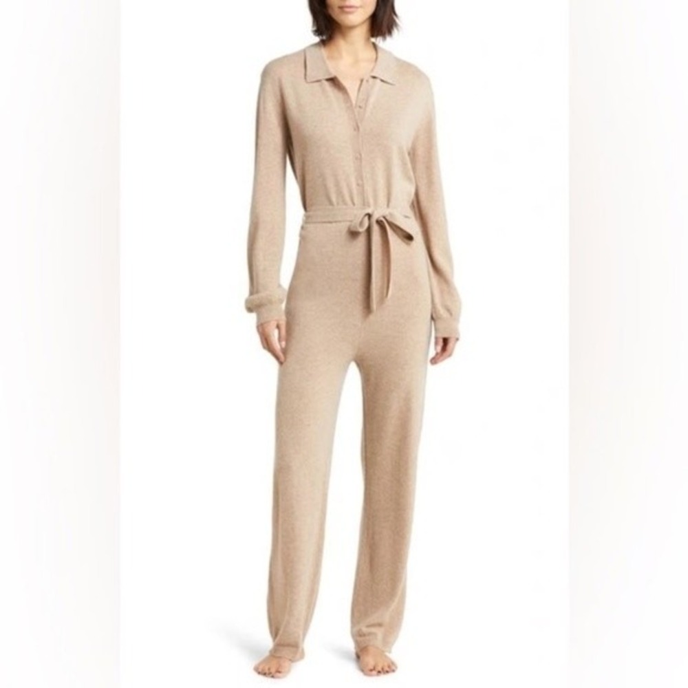 Nordstrom Size M Tan 100% Cashmere Knit Polo Jumpsuit Long Sleeve ~ NO BELT